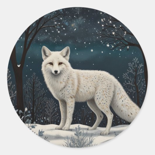 Elegant retro white winter fox ronde sticker (Voorkant)