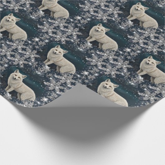 Elegant retro white winter fox sparkling snowflake cadeaupapier (Hoek)