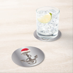 elegant reustisch nautisch ANCHOR + SANTA HAT   Ro Ronde Kartonnen Onderzetter