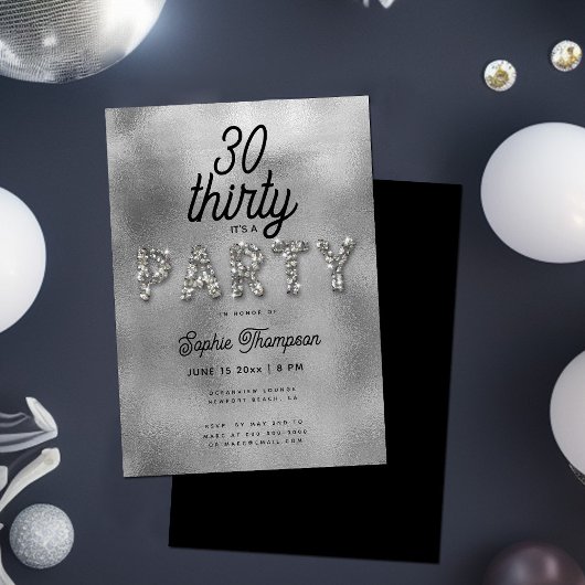 Elegant Rhinestone Silver Foil 30th Birthday Party Kaart