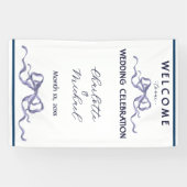 Elegant Ribbon & Bow Romantic Wedding Navy Banner (Horizontaal)