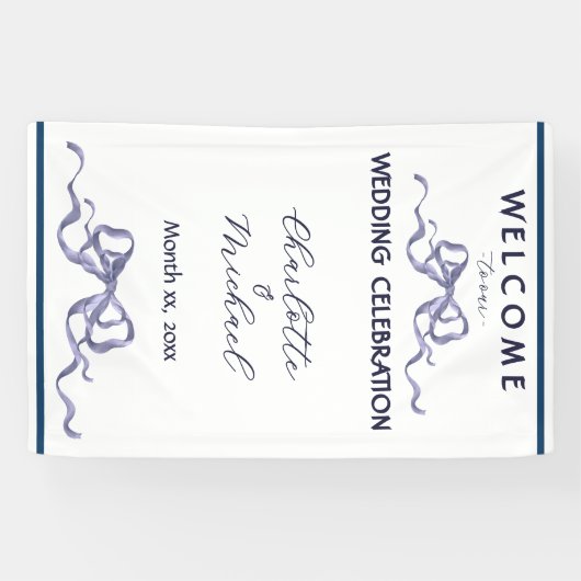 Elegant Ribbon & Bow Romantic Wedding Navy Banner (Horizontaal)