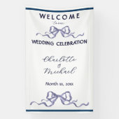 Elegant Ribbon & Bow Romantic Wedding Navy Banner (Verticaal)