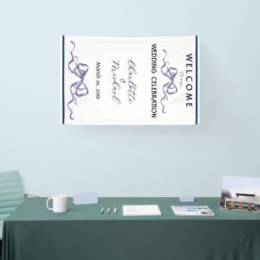 Elegant Ribbon & Bow Romantic Wedding Navy Banner (Beurs)