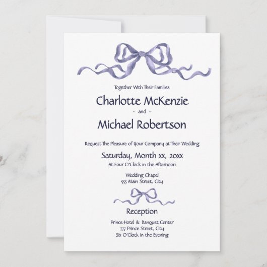 Elegant Ribbon & Bow Romantic Wedding Navy & White Kaart (Voorkant)