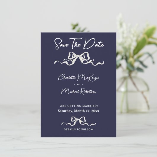 Elegant Ribbon & Bow Romantic Wedding Navy & White Save The Date (Staand voorkant)