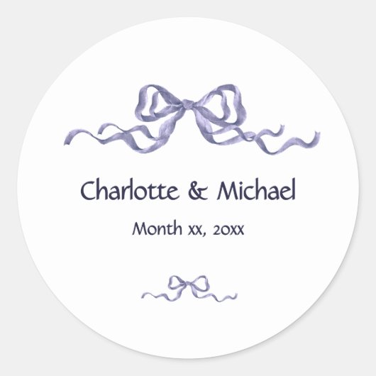 Elegant Ribbon & Bow Romantic White & Navy Wedding Ronde Sticker (Voorkant)
