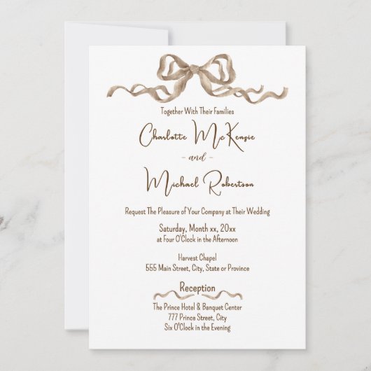 Elegant Ribbon & Bow Warm Brown Classic Wedding Kaart (Voorkant)