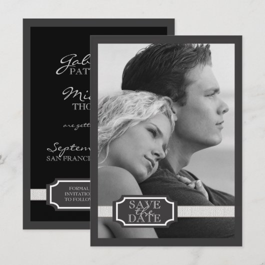 Elegant Ribbon Effect Black & White Save the Date (Voorkant / Achterkant)
