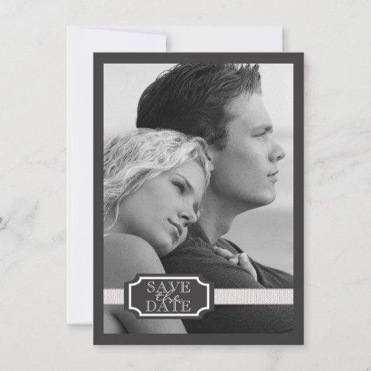 Elegant Ribbon Effect Black & White Save the Date (Voorkant)