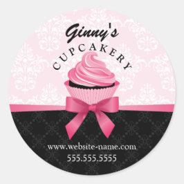 Elegant Ribbon en Damask Cupcake Bakery Packaging Ronde Sticker