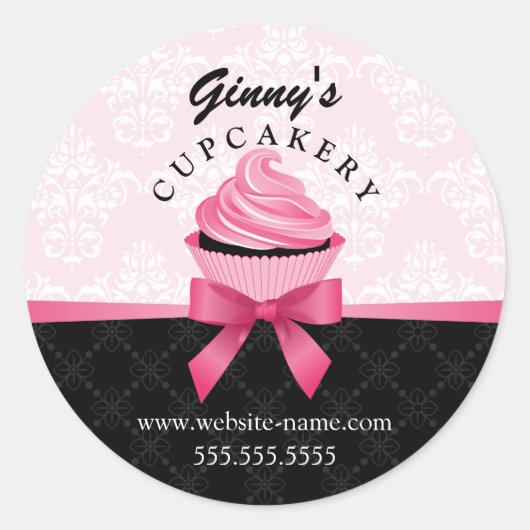 Elegant Ribbon en Damask Cupcake Bakery Packaging Ronde Sticker (Voorkant)