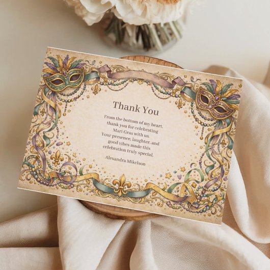 Elegant Ribbon Mask Mardi Gras Masquerade Bedankkaart