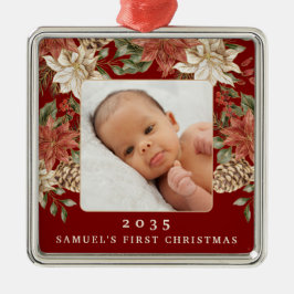 Elegant Rich Red Baby's First Christmas Photo Metalen Ornament