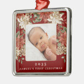 Elegant Rich Red Baby's First Christmas Photo Metalen Ornament (Links)