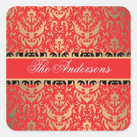 Elegant Rich Red Damask Glinsterende Glamour Vierkante Sticker (Voorkant)
