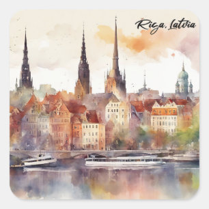 Elegant Riga Letland Waterverf Stad Uitzicht Vierkante Sticker
