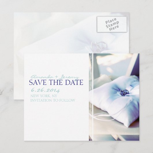 Elegant Ring Pillow sparen de Datum Aankondigingskaart (Voorkant / Achterkant)
