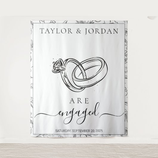 Elegant Rings We Are Engaged Wedding Backdrop Wandkleed (Voorkant)