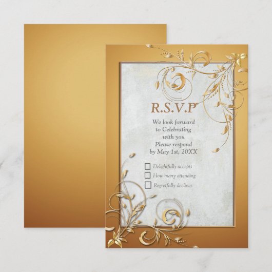 Elegant Ripple Cream & Gold RSVP-kaart RSVP Kaartje (Voorkant / Achterkant)