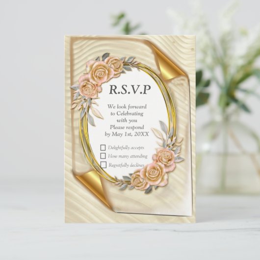 Elegant Ripple Cream & Gold RSVP-kaart RSVP Kaartje (Staand voorkant)