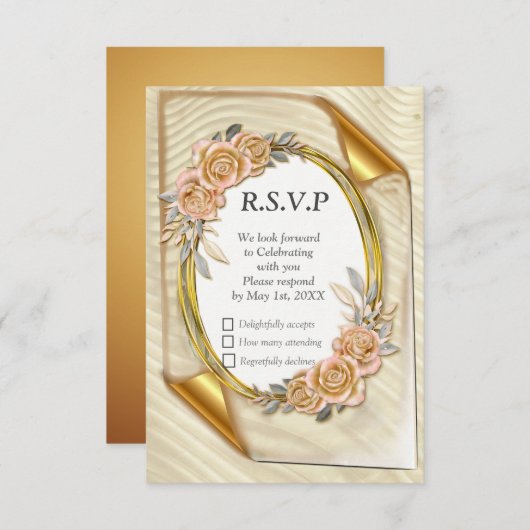 Elegant Ripple Cream & Gold RSVP-kaart RSVP Kaartje (Voorkant / Achterkant)