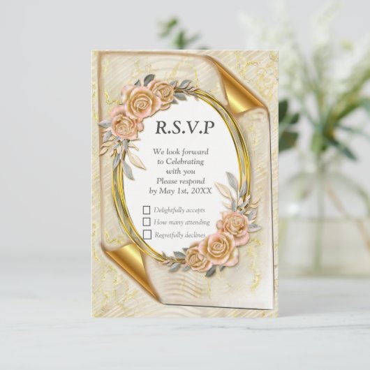 Elegant Ripple Cream & Gold RSVP Kaartje (Staand voorkant)