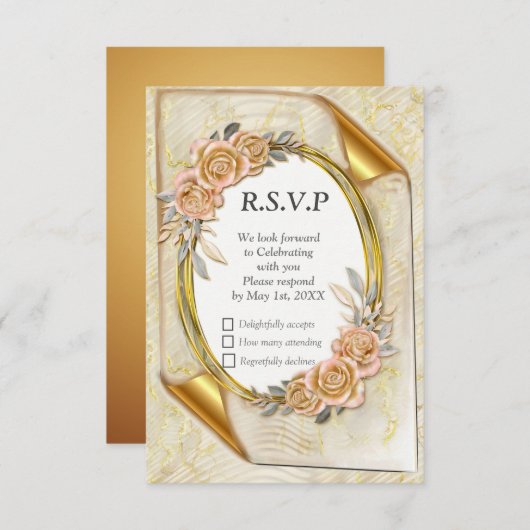 Elegant Ripple Cream & Gold RSVP Kaartje (Voorkant / Achterkant)