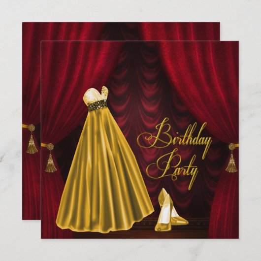 Elegant robijnrood en gouden verjaardagsfeestje kaart (Voorkant / Achterkant)