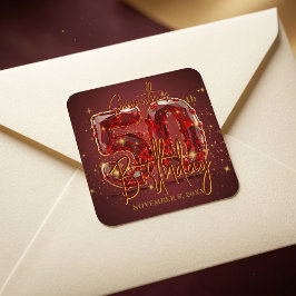Elegant Robijnrood Gouden Edelsteen 50ste Verjaard Vierkante Sticker