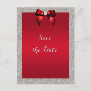 Elegant Robijnrood, Zilveren Glitter Save The Date Briefkaart