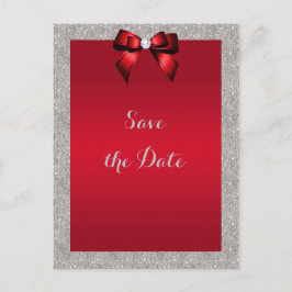 Elegant Robijnrood, Zilveren Glitter Save The Date Briefkaart