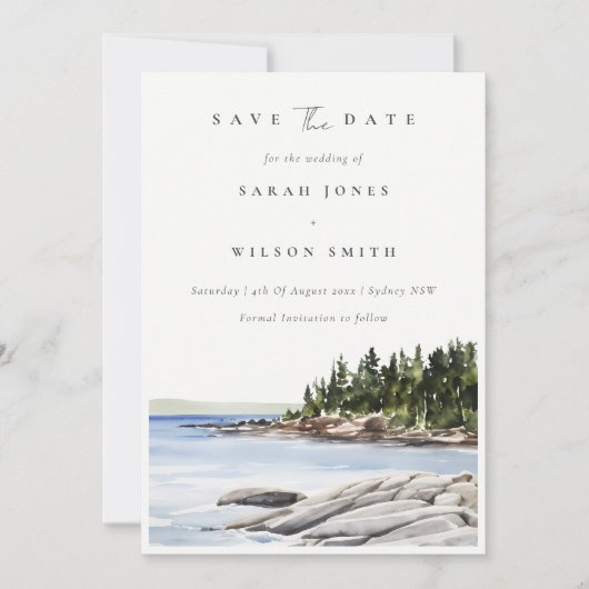 Elegant Rocky Pine Mountain Waterverf Seascape Save The Date (Voorkant)