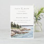 Elegant Rocky Pine Mountain Waterverf Seascape Save The Date (Staand voorkant)