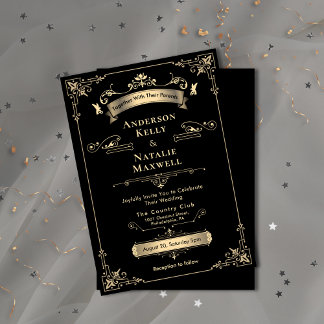 Elegant Rococo Ornament Zwart & Goud Trouwfeest Kaart