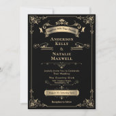 Elegant Rococo Ornament Zwart & Goud Trouwfeest Kaart (Voorkant)