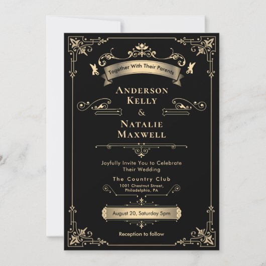 Elegant Rococo Ornament Zwart & Goud Trouwfeest Kaart (Voorkant)