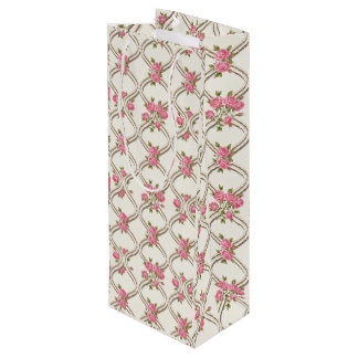Elegant Rococo Revival Pink Floral & Beige Lattice Wijn Cadeautas