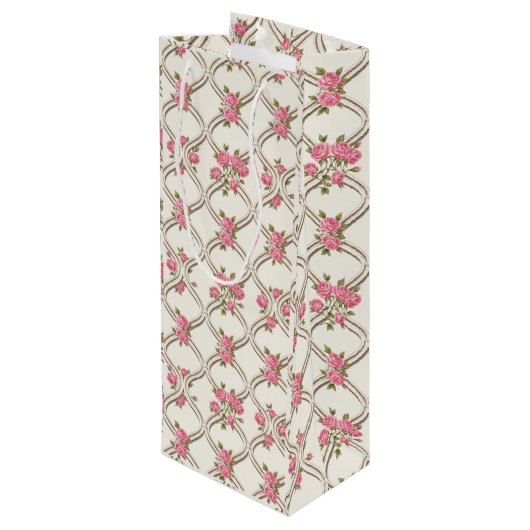 Elegant Rococo Revival Pink Floral & Beige Lattice Wijn Cadeautas (Achterkant Gekanteld)