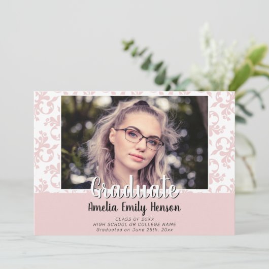 Elegant Rococo Roze Afstuderen Foto Afstuderen Ann Aankondiging (Staand voorkant)