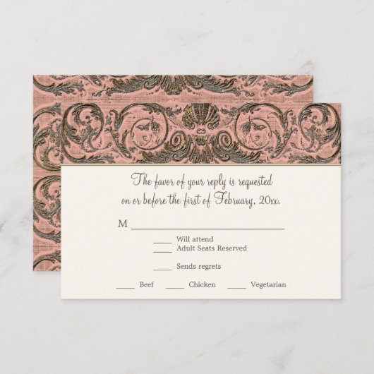 Elegant  Rococo Shell w Blush n Gold RSVP (Voorkant / Achterkant)