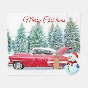 Elegant, Rode auto, Snowman, Kerstmis Fleece Deken