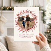 Elegant Rode Blad Foto Kerstkrans Feestdagenkaart