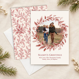 Elegant Rode Blad Foto Kerstkrans Feestdagenkaart