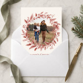 Elegant Rode Blad Foto Kerstkrans Feestdagenkaart