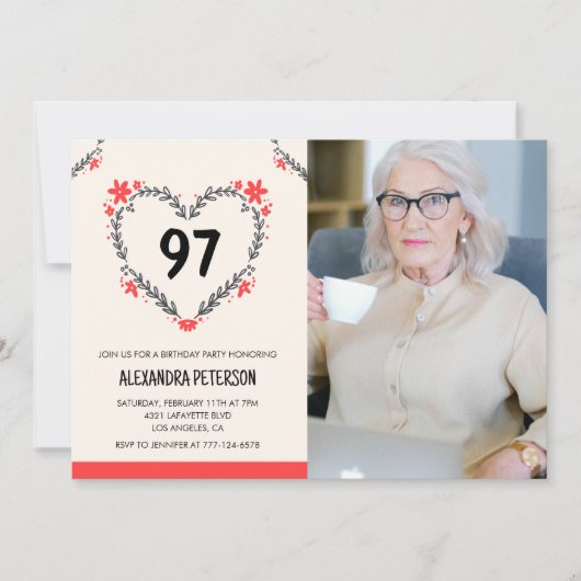 Elegant Rode Bloemhart voor haar 97ste verjaardag Kaart (Voorkant)