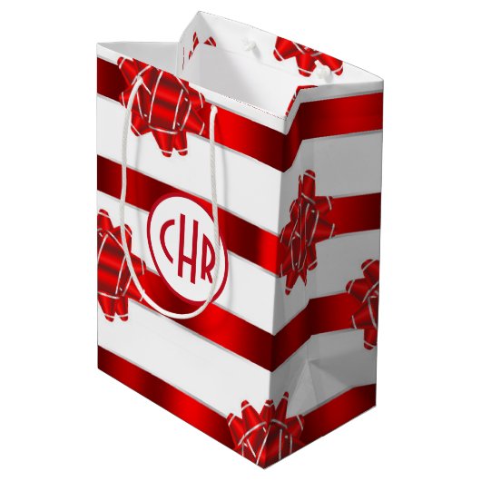 Elegant rode en witte strepen met lint medium cadeauzakje (Achterkant Gekanteld)