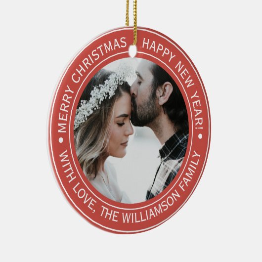 Elegant Rode Kerst Monogram Foto Keramisch Ornament (Rechts)