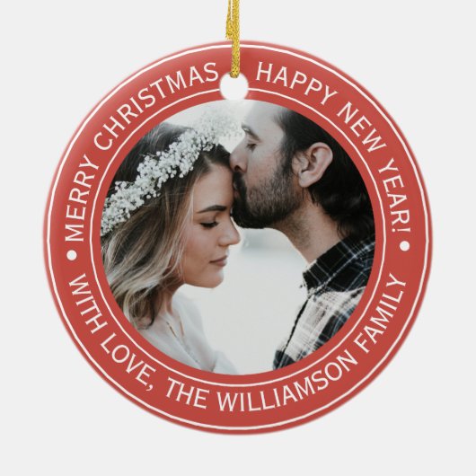 Elegant Rode Kerst Monogram Foto Keramisch Ornament (Achterkant)