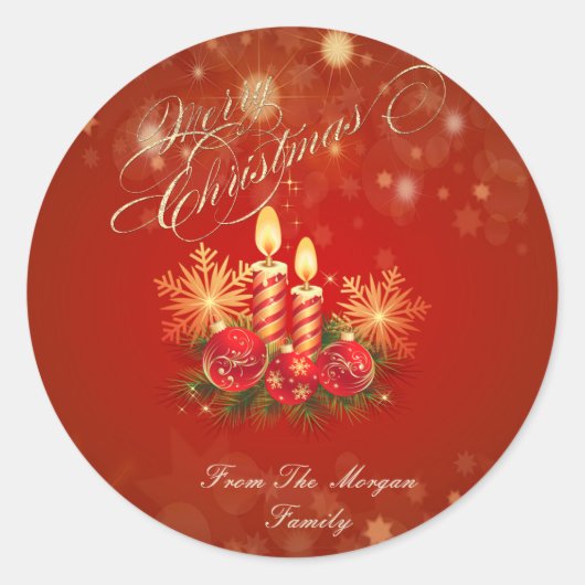 Elegant rode kerstkaarsen, Kogels, Snowflakes Ronde Sticker (Voorkant)